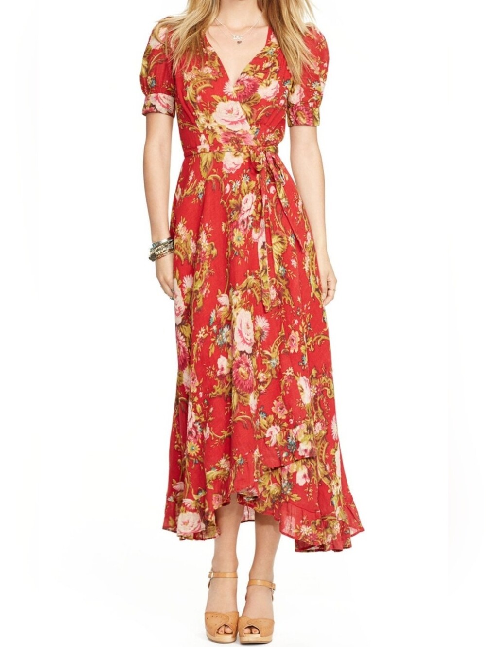 Denim Supply Ralph Lauren Red Floral Maxi Wrap Cottagecore Prairie Dress Size S